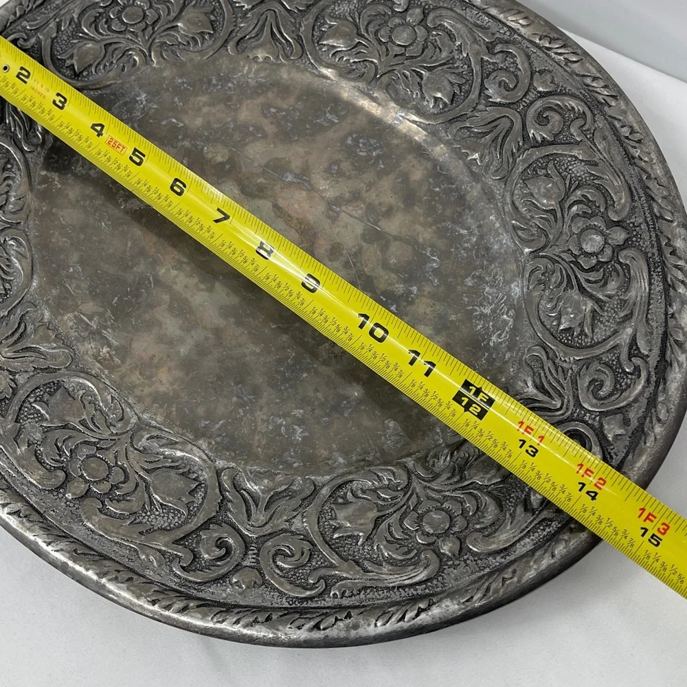 Wilton Armetale Antique-Style Embossed Round PEWTER Tray in Silver Gray WW&MARY